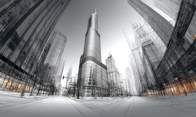 Urban architectural sketch, city skyscrapers