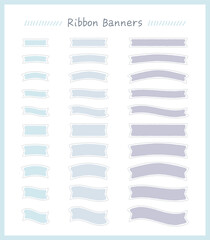 点線の枠とブルー系パステルカラーのゆるい塗りのリボンバナーセット