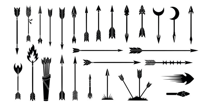 Vector art of collection of various arrow designs, including tribal, vintage, and modern styles for archery and hunting purposes