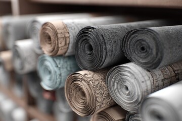 Rolled wallpaper displays various colors and patterns