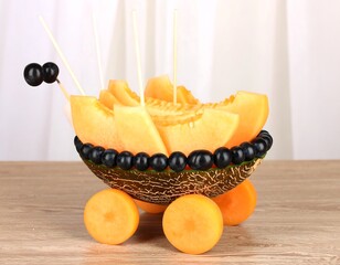 Creative fruit arrangement shaped like a toy cart
