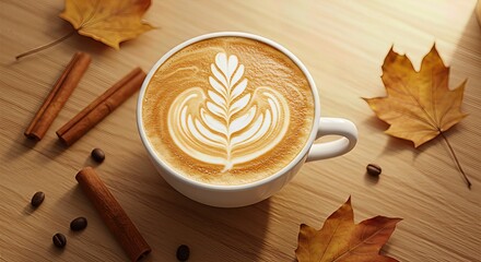 Latte art in a white ceramic cup with pumpkin spice flavor, surrounded by cinnamon sticks, coffee beans, and autumn maple leaves on a wooden surface, cozy fall coffee setting