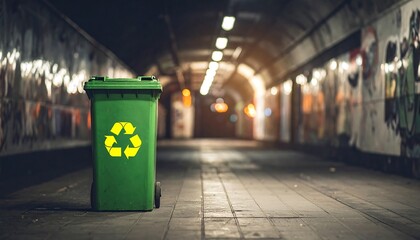 Green recycling bin in a dark urban tunnel