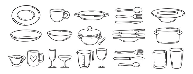 dishes dinnerware doodle hand drawn icon set. Plate, glass and cup, mug, bowl. Outline drawing tableware for kitchen line clipart symbol collection