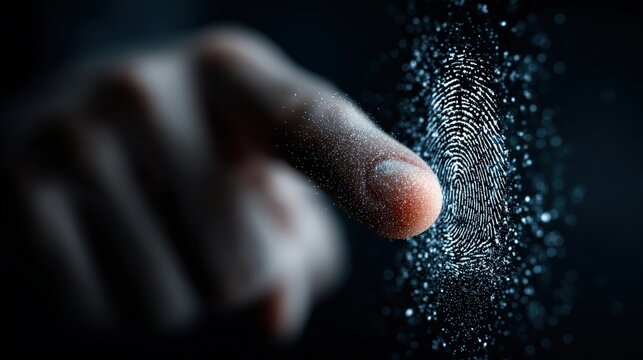 Fingerprint Digital Access: A close-up view of a fingertip touching a digital fingerprint, highlighting the modern concept of biometric security and identity. Generative Ai - Powered by Adobe