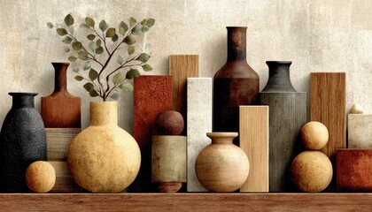 Still life arrangement of varied pottery and wooden forms