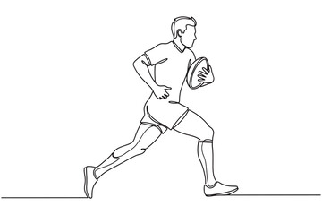 Continuous line drawing of rugby player running with ball