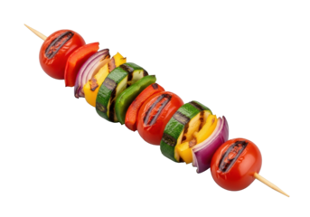 Perfectly grilled vegetable kebab skewer with vibrant cherry tomatoes, green zucchini, bell peppers, red onion on a wooden skewer, transparent studio background, shadowless, appetizing food concept