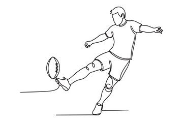 continuous line drawing of a rugby player kicking the ball