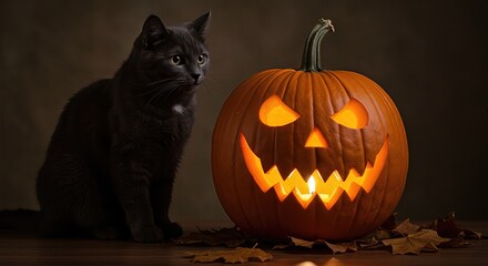 Black cat sitting beside glowing carved pumpkin with a spooky face on a dark background halloween decoration scene with autumn leaves on the wooden surface