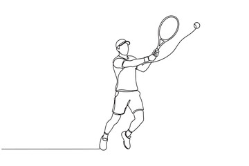 Continuous line drawing of tennis player in action, hitting a forehand shot