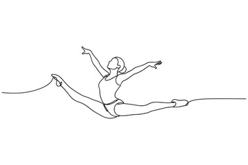 Continuous line drawing of ballet dancer performing a split leap