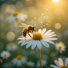 Honeybee on white chamomile with pollen dust floating in sunlight