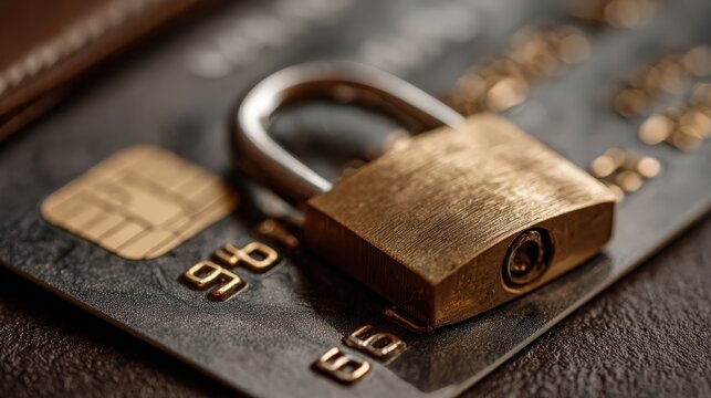 Secured Transactions: A close-up shot of a credit card protected by a metallic padlock, symbolizing secure financial transactions, protection against cyber fraud, and digital security. Generative Ai