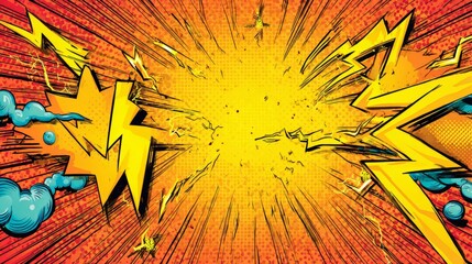 Dynamic yellow exploded comic background with lightning bolt effect featuring cartoon burst energy rays, pop art explosion style, and vibrant retro pattern for creative designs, digital illustrations,