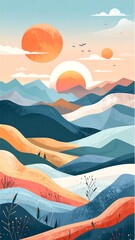 A vibrant landscape painting showcases layered mountains, soft pastel colors, and warm, golden suns.