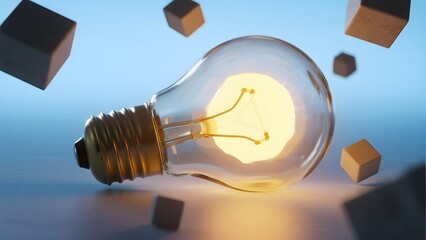 A glowing light bulb surrounded by floating cubes, symbolizing innovation and ideas.