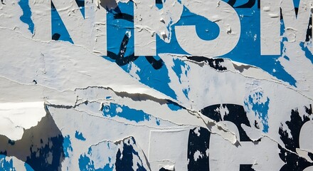 Fototapeta premium Torn posters with blue and white text reveal layers of paper