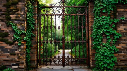 Ancient wooden door with peeling paint in a stone garden wall with climbing ivy and foliage