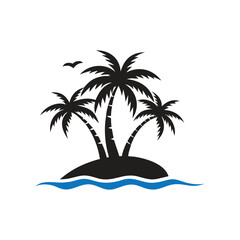 Tropical Island Silhouette with Three Palm Trees and Ocean Waves vector with Vector Design