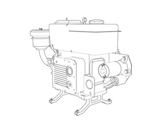 Diesel Engine with Electric Starter Technical Drawing: Monochrome Outline Illustration of Heavy-Duty Industrial Power Unit. Essential for Mechanical Engineering, CAD, Blueprint and Design Schematics.