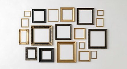 Collection of empty picture frames arranged on a white background