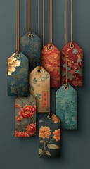 Hanging tags with ornate floral patterns