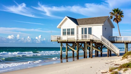 Obraz premium A tropical Miami Beach hut stands on the summer sand, overlooking the turquoise ocean and Florida coast