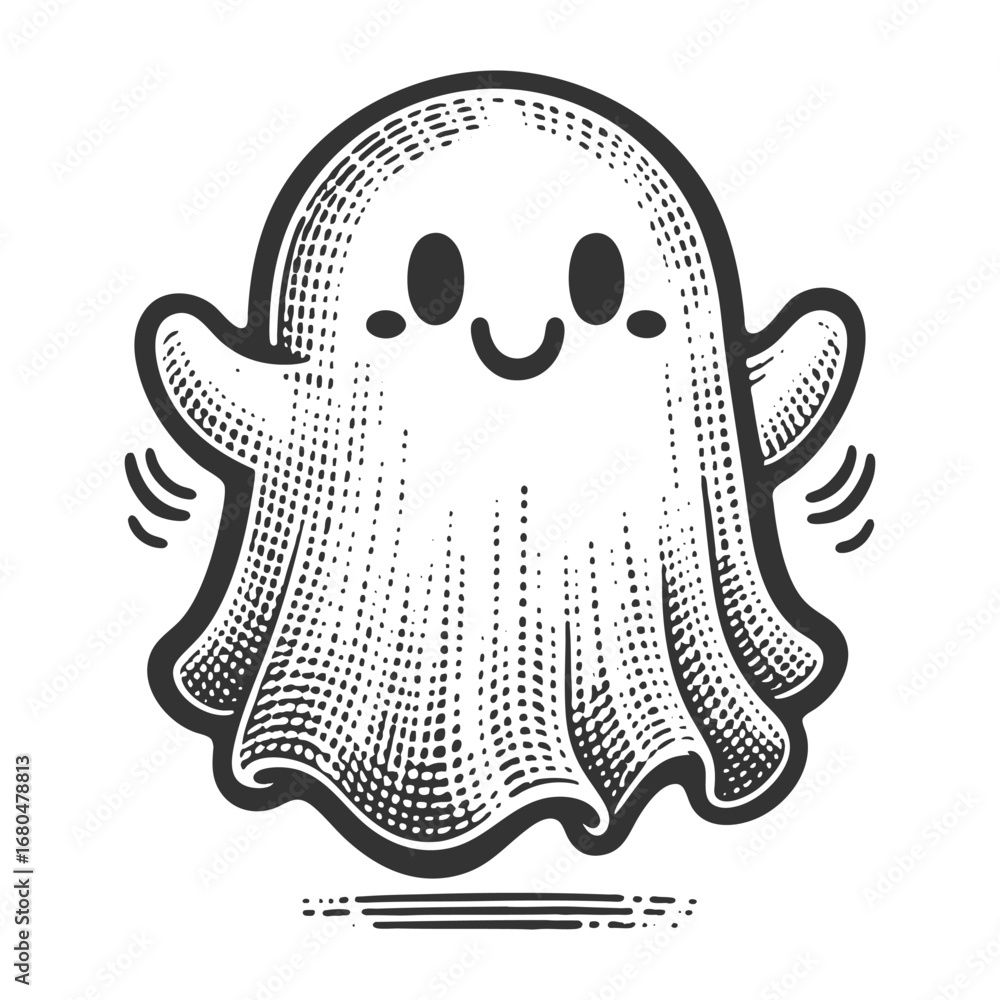 Poster smiling cartoon cute ghost floating with sparkles, symbolizing a playful and friendly halloween them