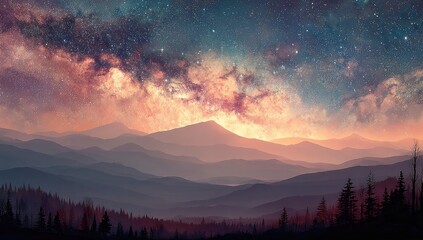 Misty mountains under a vibrant night sky