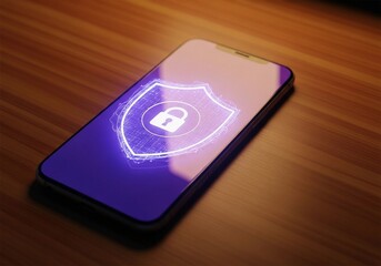 Futuristic Mobile Cybersecurity Shield Hologram with Smartphone Protection Concept