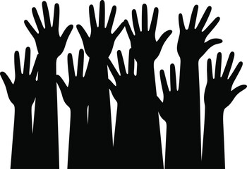 Raised hands silhouettes, volunteering, participation, teamwork, unity, community support, helping hands, social engagement, group involvement