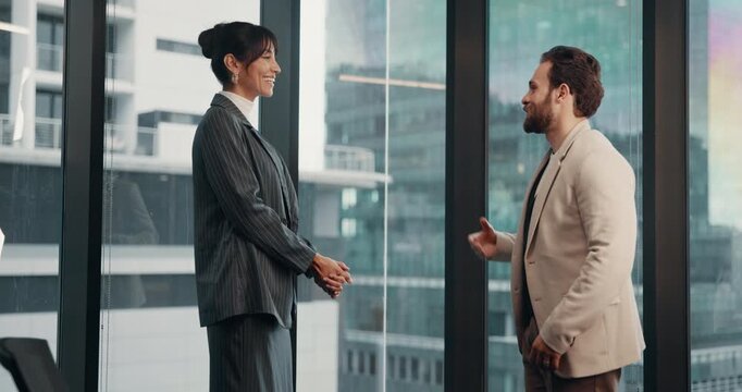 Happy, business people and office with handshake for partnership, deal or agreement together. Businessman, woman or colleagues shaking hands with smile for meeting, teamwork or b2b in workplace