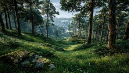 Lush forest valley. Sunlight filters through trees