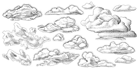 Hand drawn monochrome clouds set