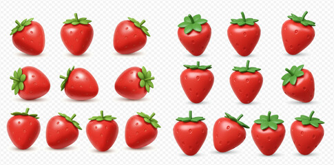 A collection of fresh, ripe, red strawberries with green leaves, rendered in 3D from various angles.