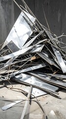 A large pile of disassembled metal pieces, reflecting light, sits on a gray surface, suggesting a demolition site.