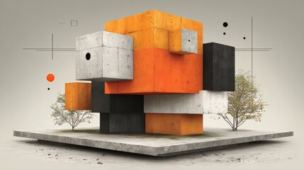 Abstract concrete cube structures on a plinth