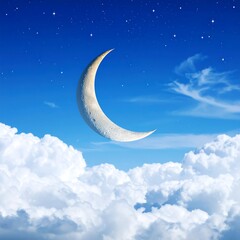 Crescent moon in a starlit sky above fluffy clouds