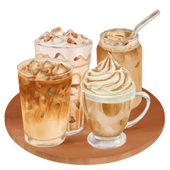 Watercolor Illustration of Iced Coffee Drinks 