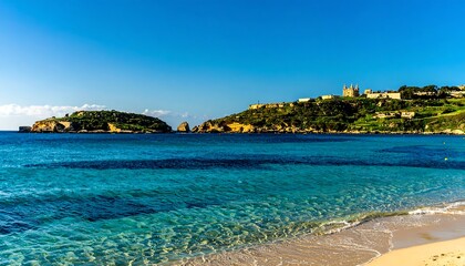A tranquil beach scene showcases crystal-clear turquoise water lapping gently onto a sandy shore, with a backdrop of verdant hills and a distant island.