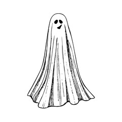 Ghost, Halloween symbol sketch drawing. Scary ghost spirit outline illustration in engraving style. Hand-drawn vector clipart isolated on a white background