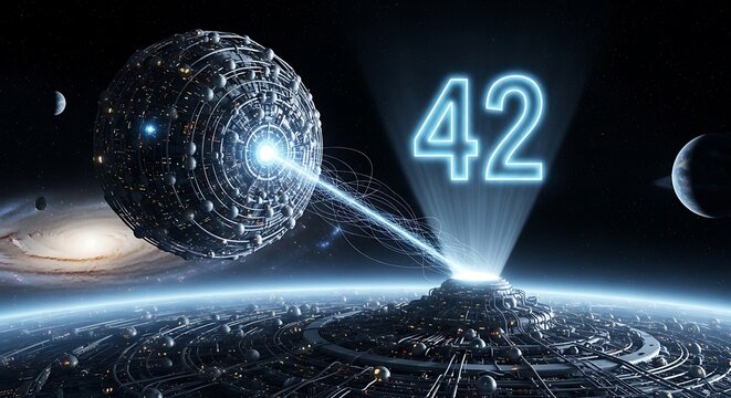 Futuristic Space Station Emitting Energy Beam with Glowing 42