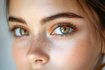 Fototapeta premium A close-up portrait featuring a young woman's face, showcasing striking green eyes, freckles, and natural beauty.