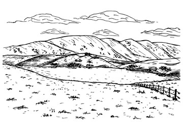 Rural landscape with meadow, hills, mountains and clouds sketch illustration. Hand-drawn vector line art, outline drawing in engraving style, isolated on a white background