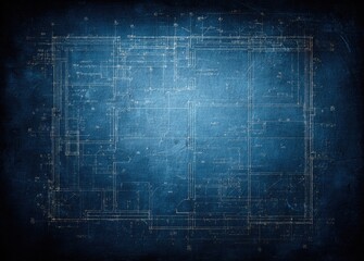 Architectural blueprint on textured blue background, aged appearance
