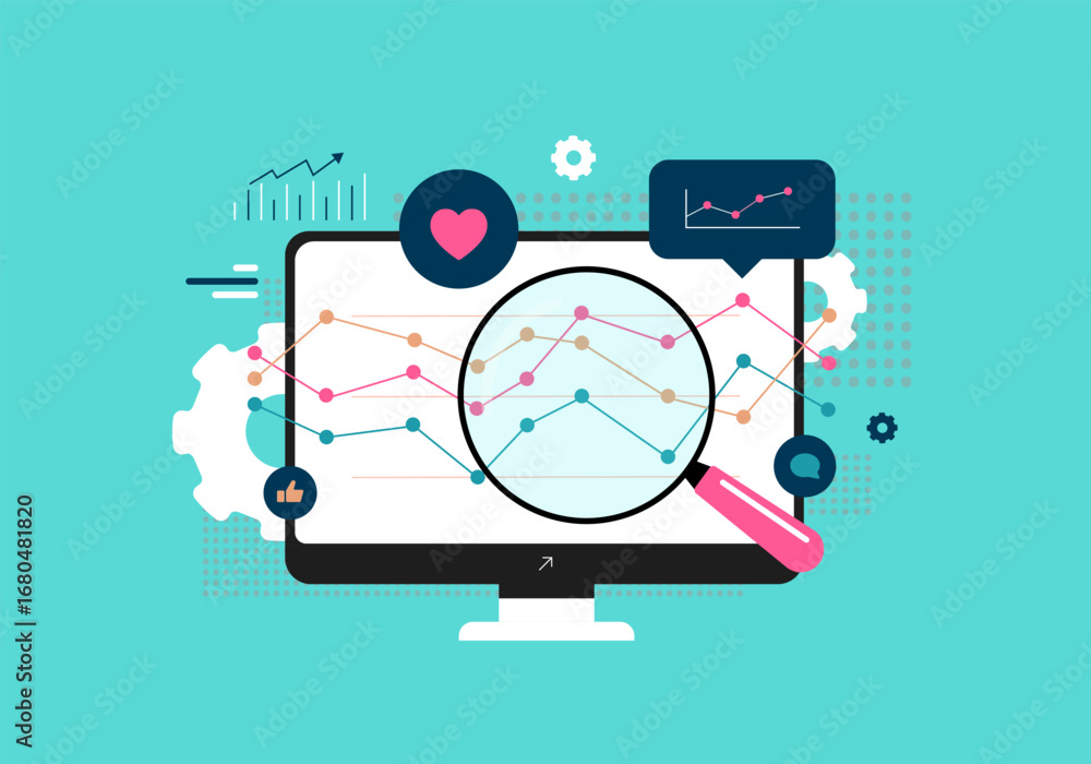 Aufkleber social media analytics dashboard with charts and graphs on computer screen, illustrating audience en