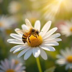 Obraz premium Macro of honeybee inside tulip, pollen dust floating in sunlight