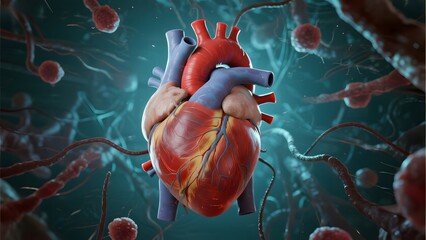 Detailed Illustration of a Human Heart with Surrounding Cells
