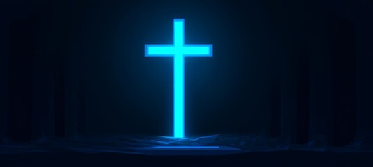 Glowing blue Jesus Cross on dark. Generative AI technology.	
